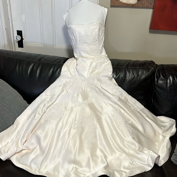 Lazaro Strapless wedding gown with short vail- dry cleaned and ready to wear